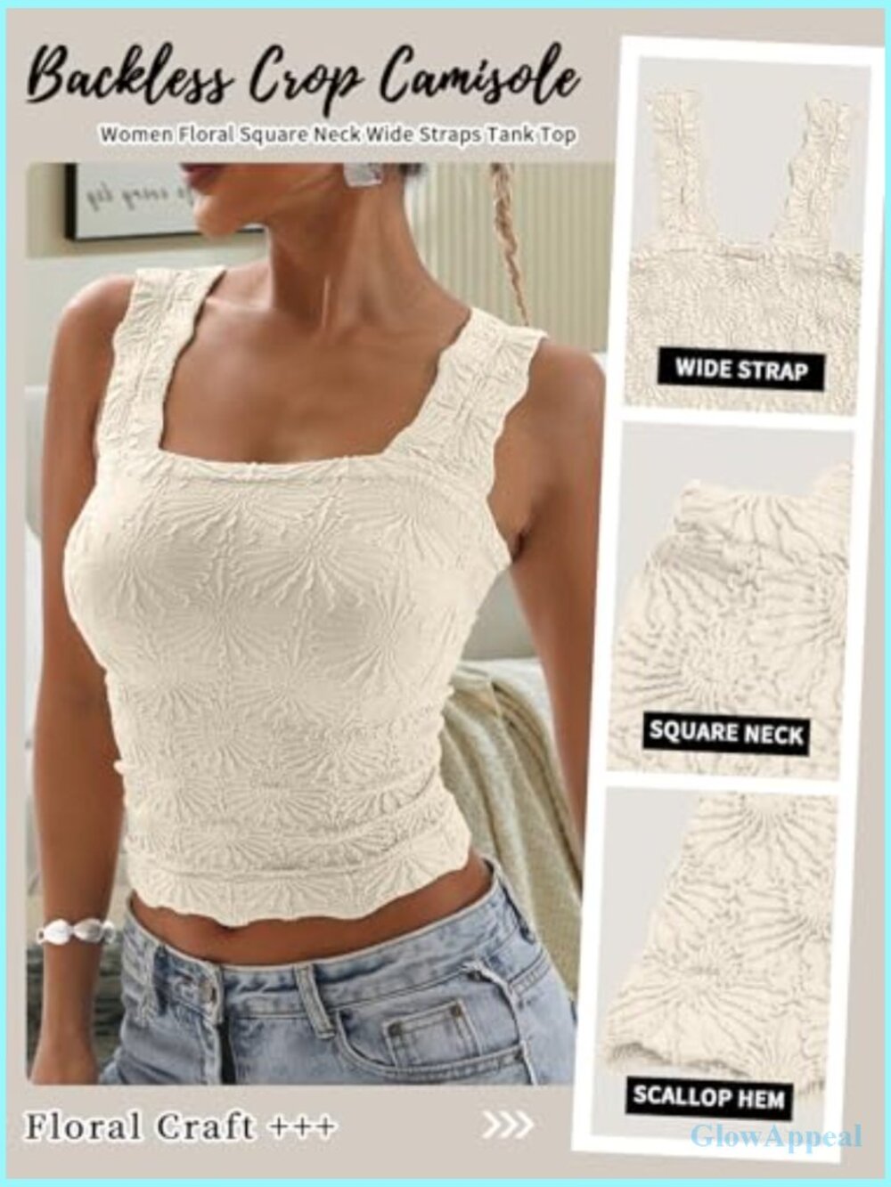 Slim Fit Square Neck Crop Tank Top Floral Jacquard Lettuce Trim Sleeveless Cami - Picture 3 of 6
